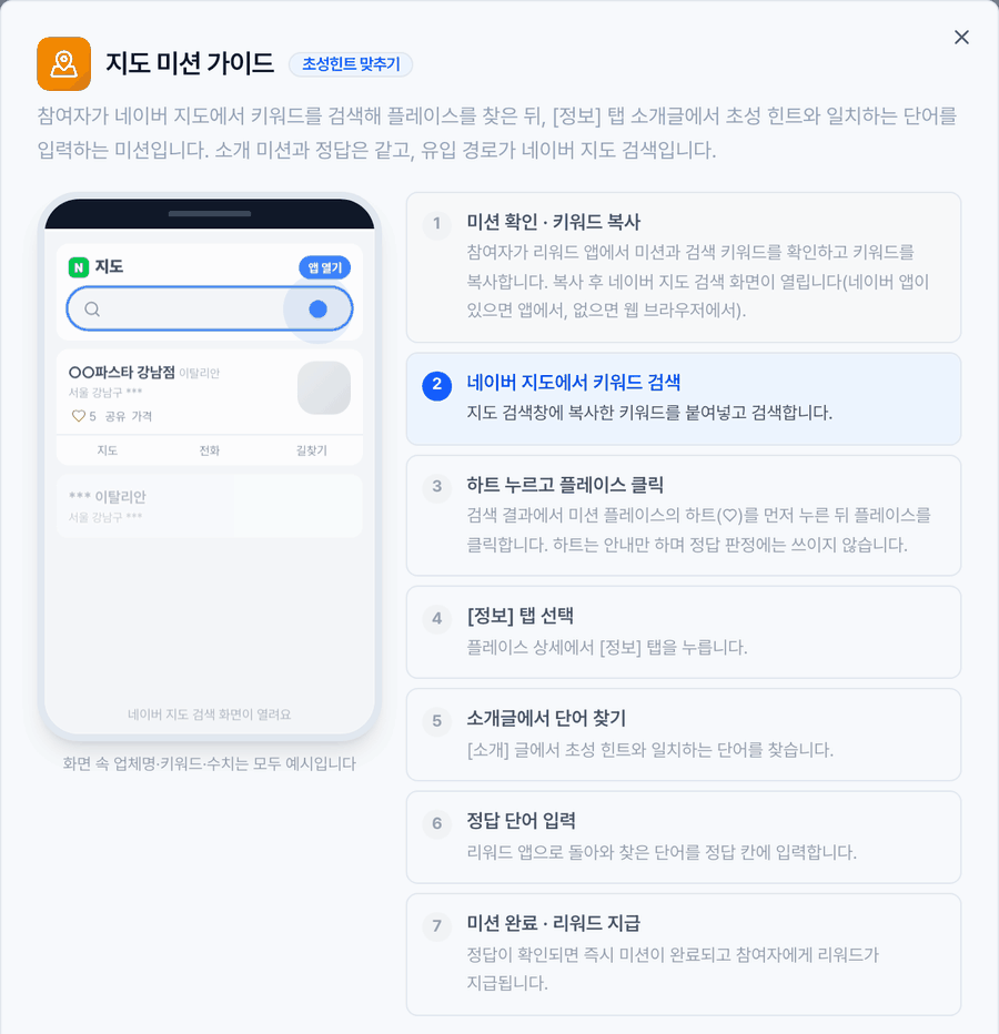 네이버 지도 검색 유입 지도 미션 미리보기, 지도에서 키워드를 검색하고 플레이스 정보 탭 소개글에서 정답 단어를 찾는 과정