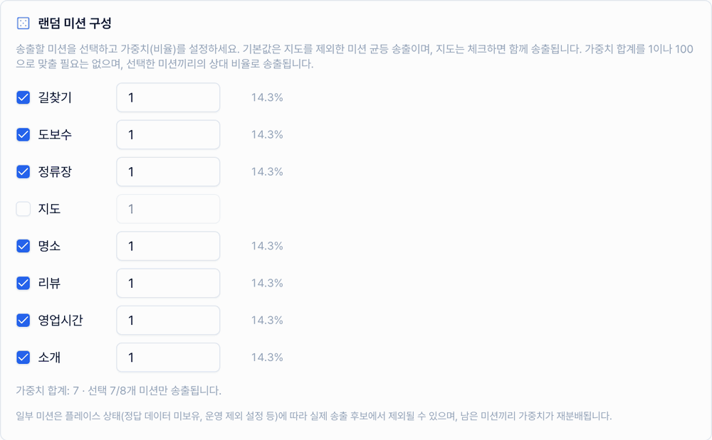 리워드팝 랜덤 미션 구성 화면에서 지도를 체크하고 가중치를 3으로 바꿔 지도 비율을 30퍼센트로 맞추는 과정