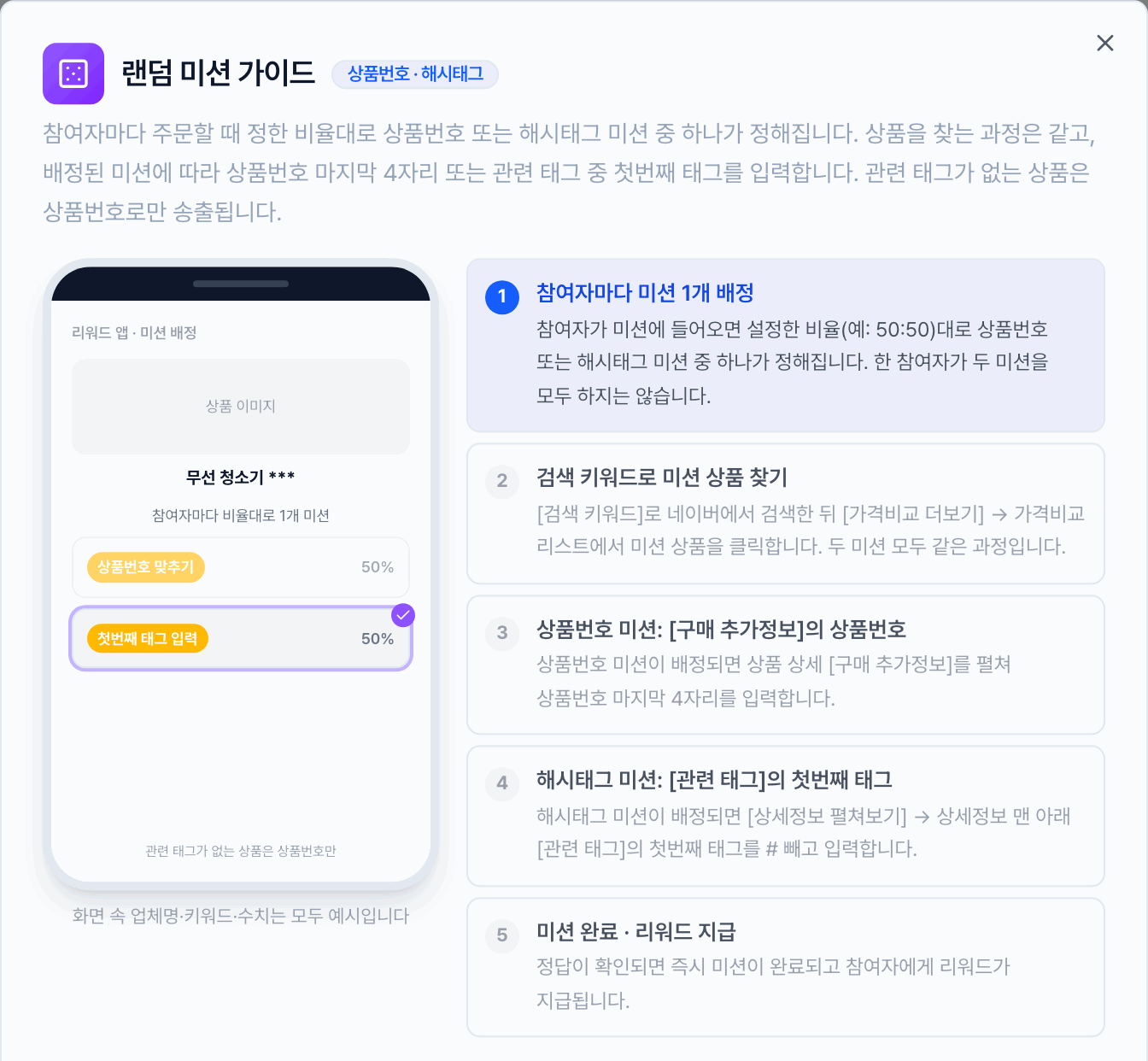 스마트스토어 광고 랜덤 미션 미리보기, 참여자마다 미션 1개 배정과 상품번호 미션과 해시태그 미션의 정답 위치